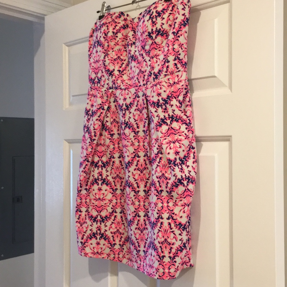 Super cute hot pink and blue mini, strapless dress